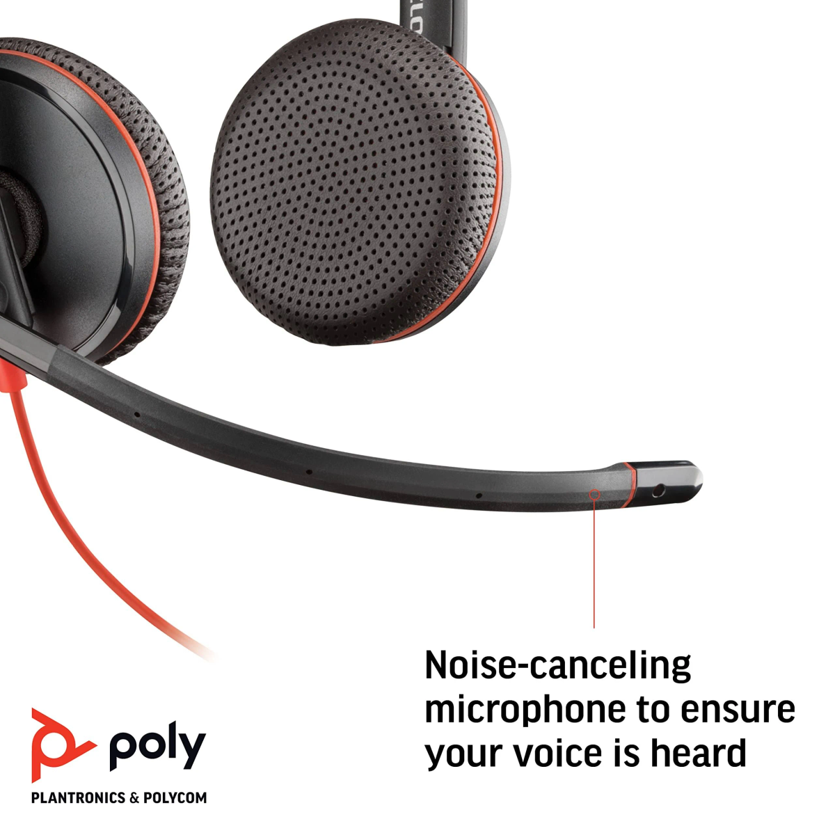 Auriculares negros con micrófono y cable rojo. El texto dice 'Noise-canceling microphone'.