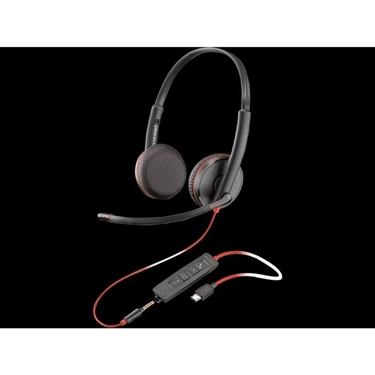 Auriculares negros con detalles rojos y un micrófono. Fondo negro.