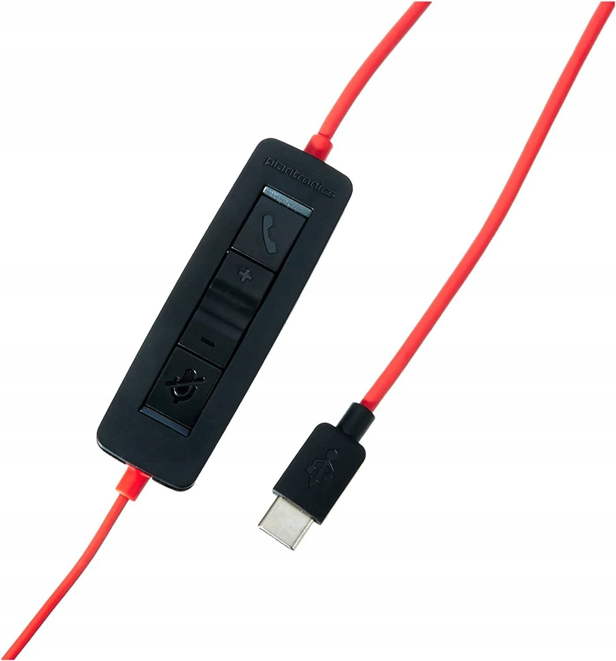 Czerwono-czarny kabel do zestawu słuchawkowego z wbudowanymi elementami sterującymi i złączem USB-C. Białe tło.