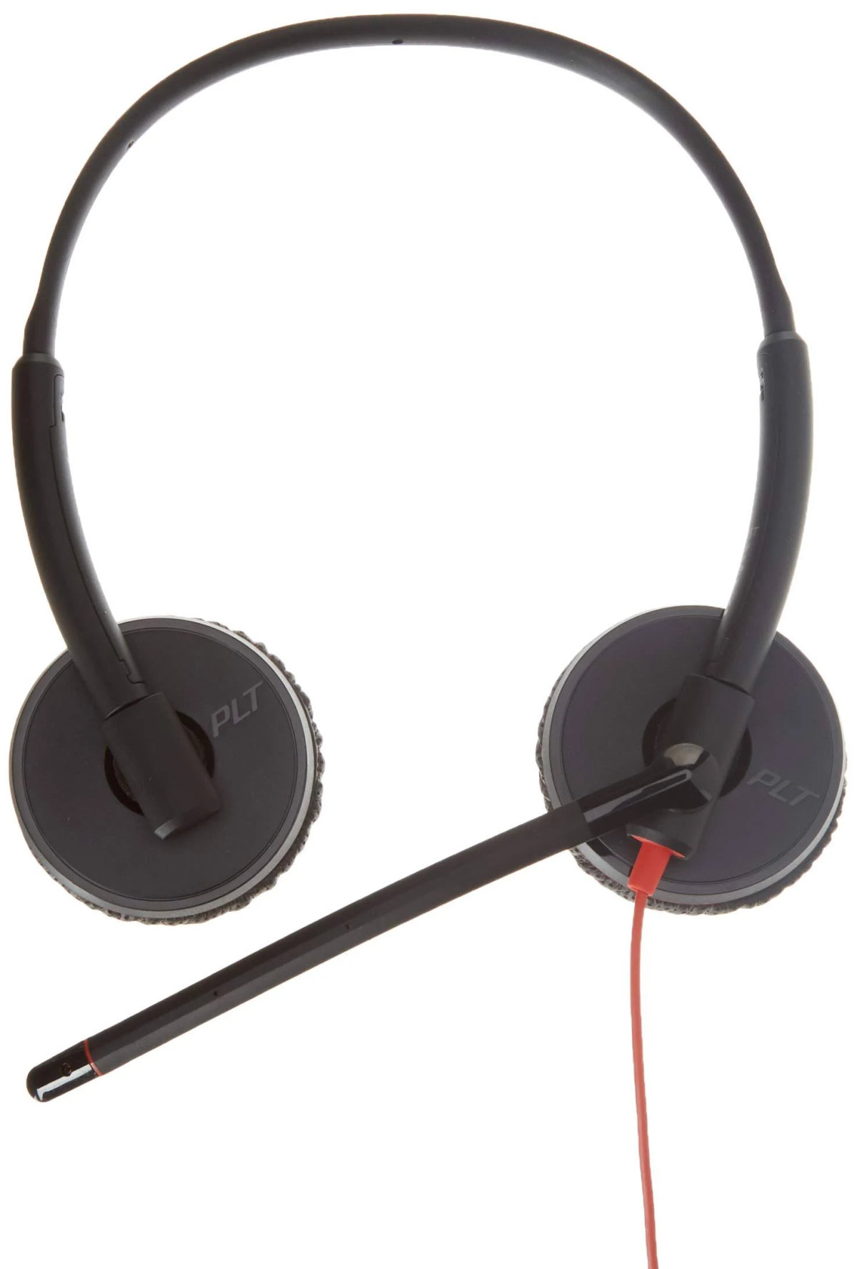 Auriculares negros con micrófono y cable rojo, sobre fondo blanco.