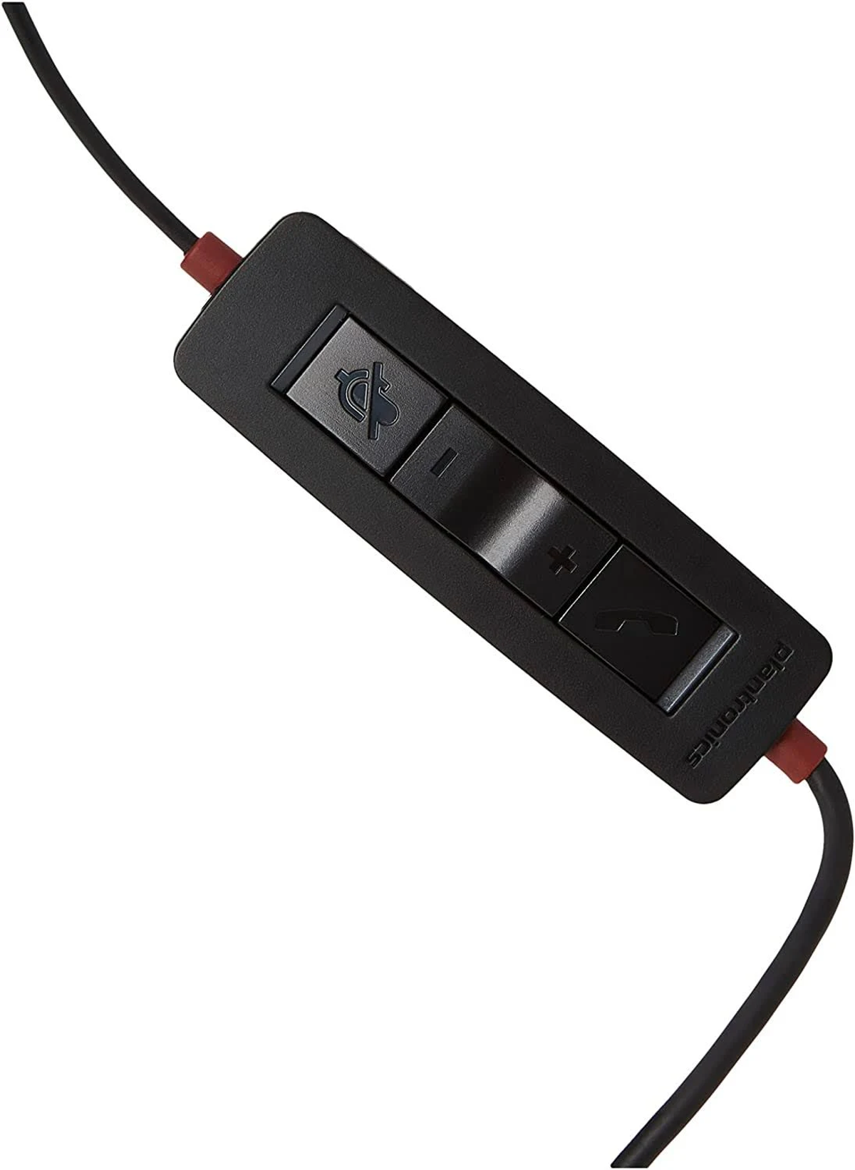 Czarny kontroler zestawu słuchawkowego z przyciskami wyciszania, głośności i połączenia.