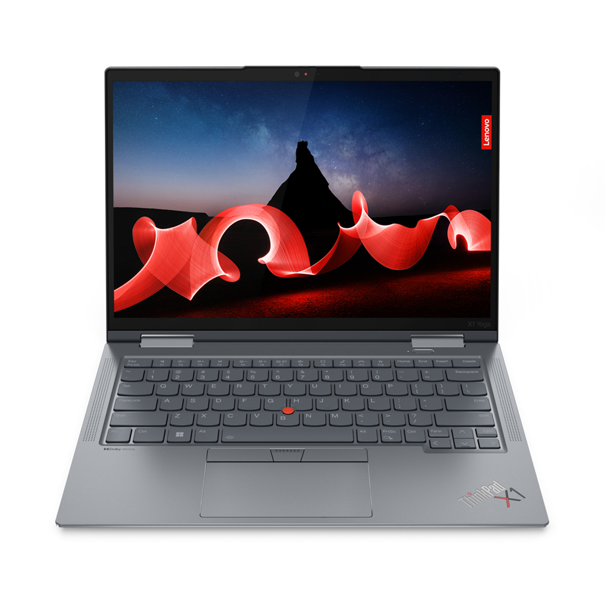 Silberner Laptop mit rotem Trackpoint, geöffnet auf weißem Hintergrund.