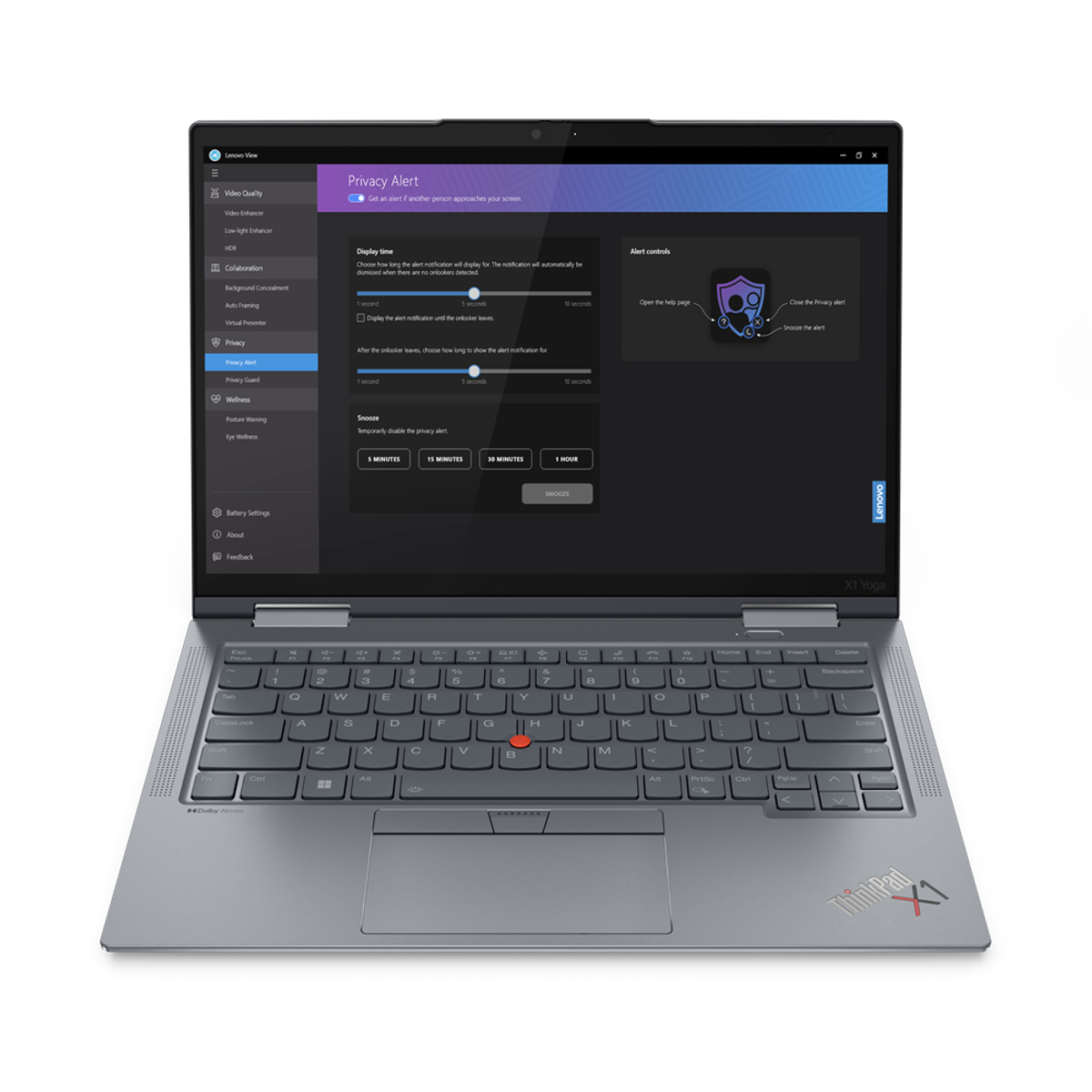 Laptop mit Bildschirm, der Datenschutzeinstellungen zeigt. Lenovo ThinkPad X1 Yoga offen auf einem Tisch.