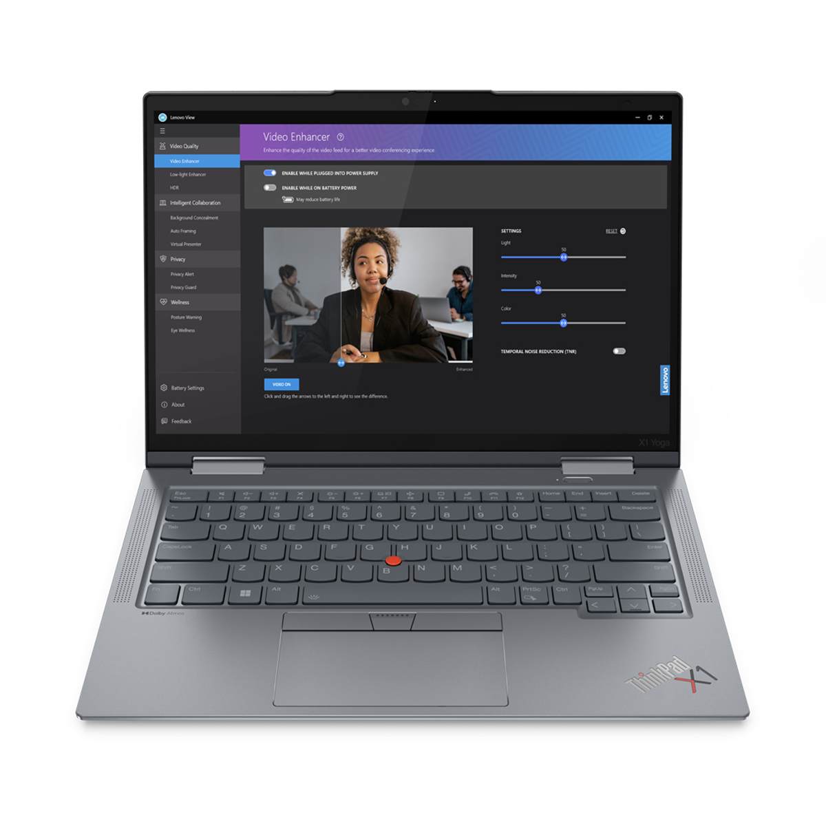 Lenovo X1 Yoga Laptop, geöffnet, zeigt Bildschirm und Tastatur, mit Videoanruf-Oberfläche.