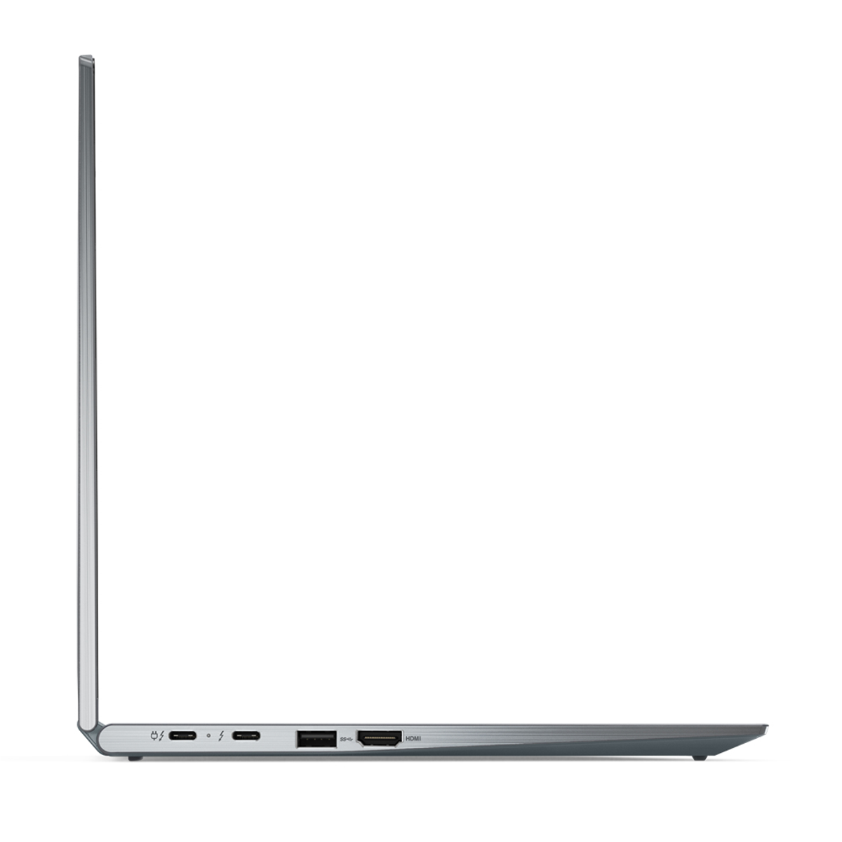 Seitenansicht eines grauen Laptops, mit Anschlüssen und schlankem Design.