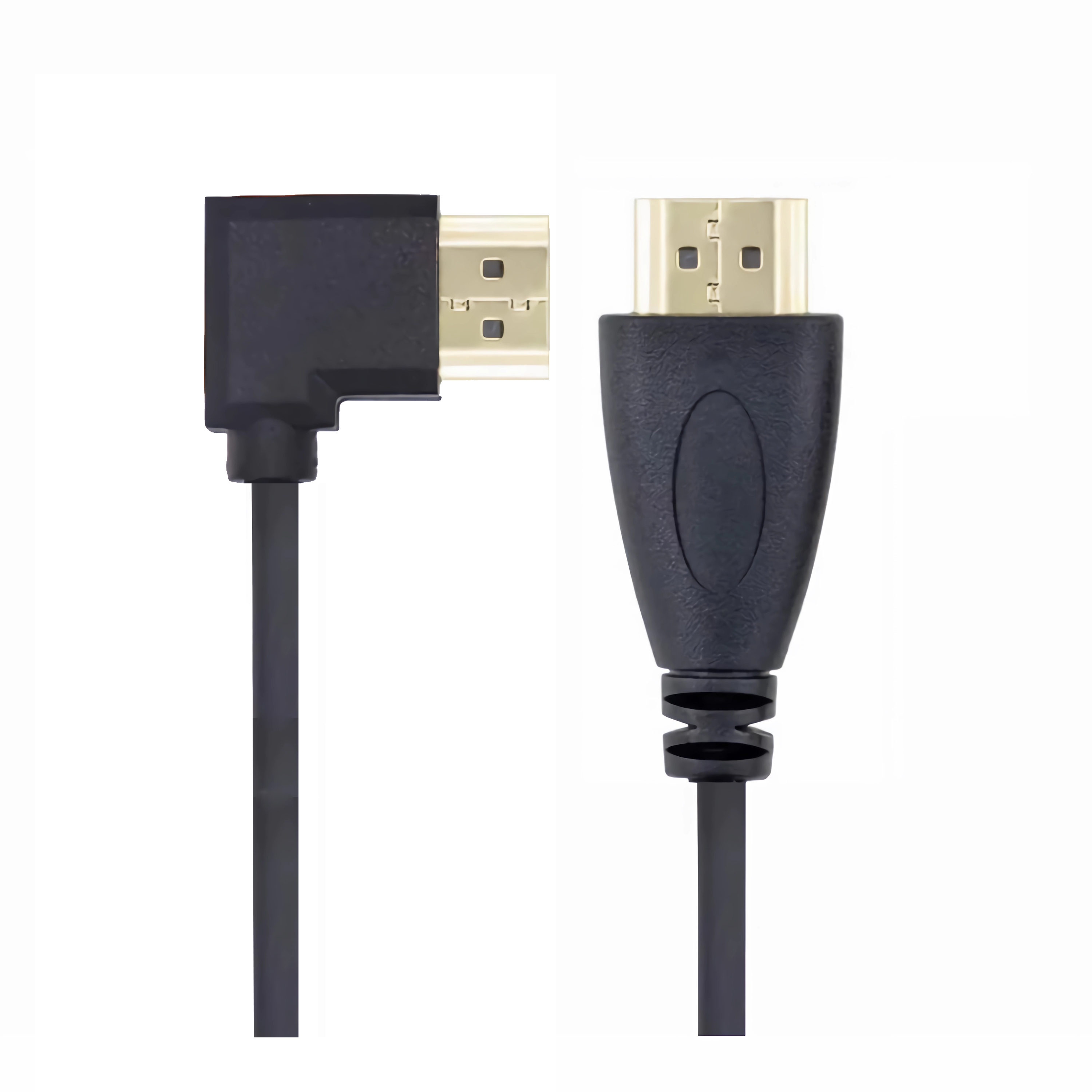 Zwei schwarze HDMI-Kabel mit goldfarbenen Steckern. Kabel auf weißem Hintergrund.