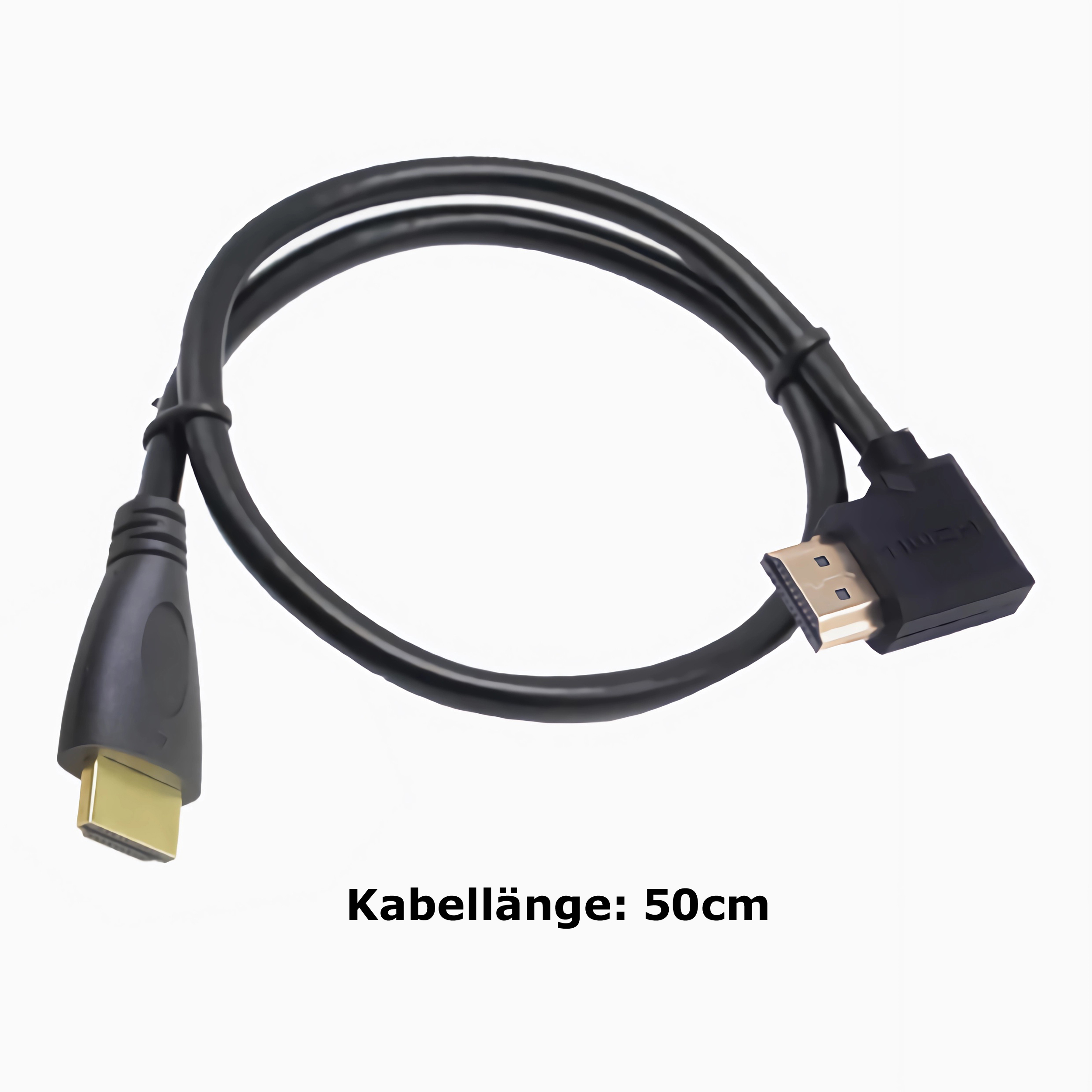 Schwarzes HDMI-Kabel mit Anschlüssen, beschriftet 'Kabelänge: 50cm'.
