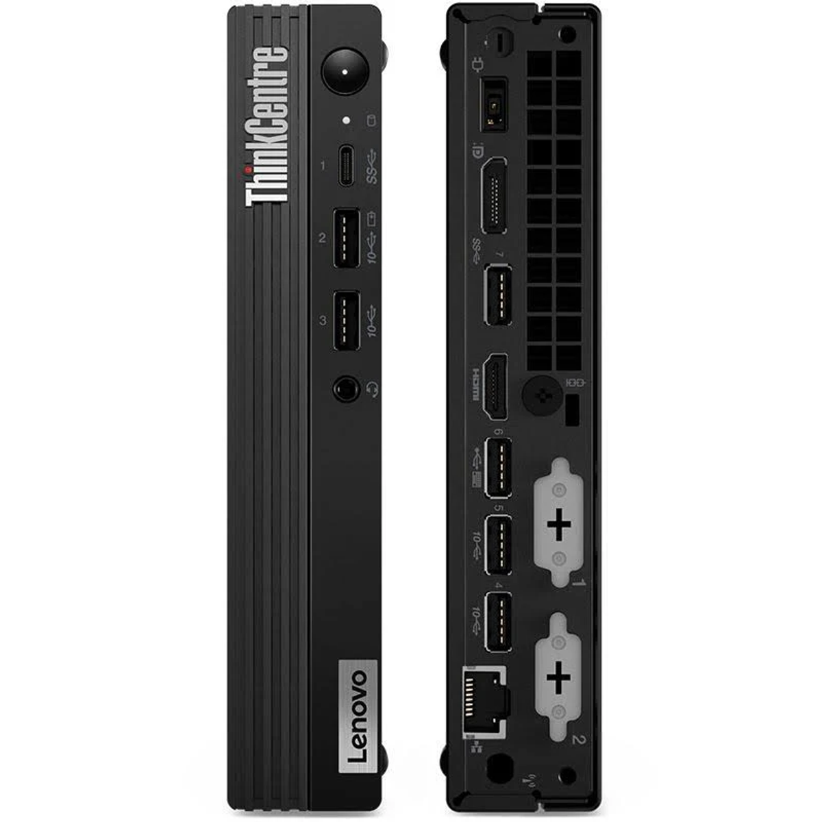 Dwa widoki czarnego komputera Lenovo ThinkCentre. Widoczne porty i przycisk zasilania.