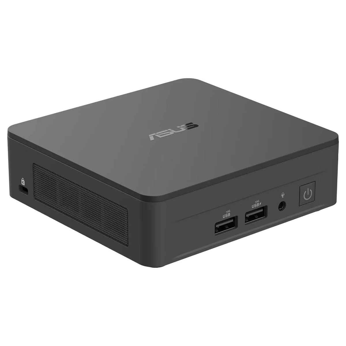 Un mini PC ASUS nero con porte USB e un pulsante di accensione.