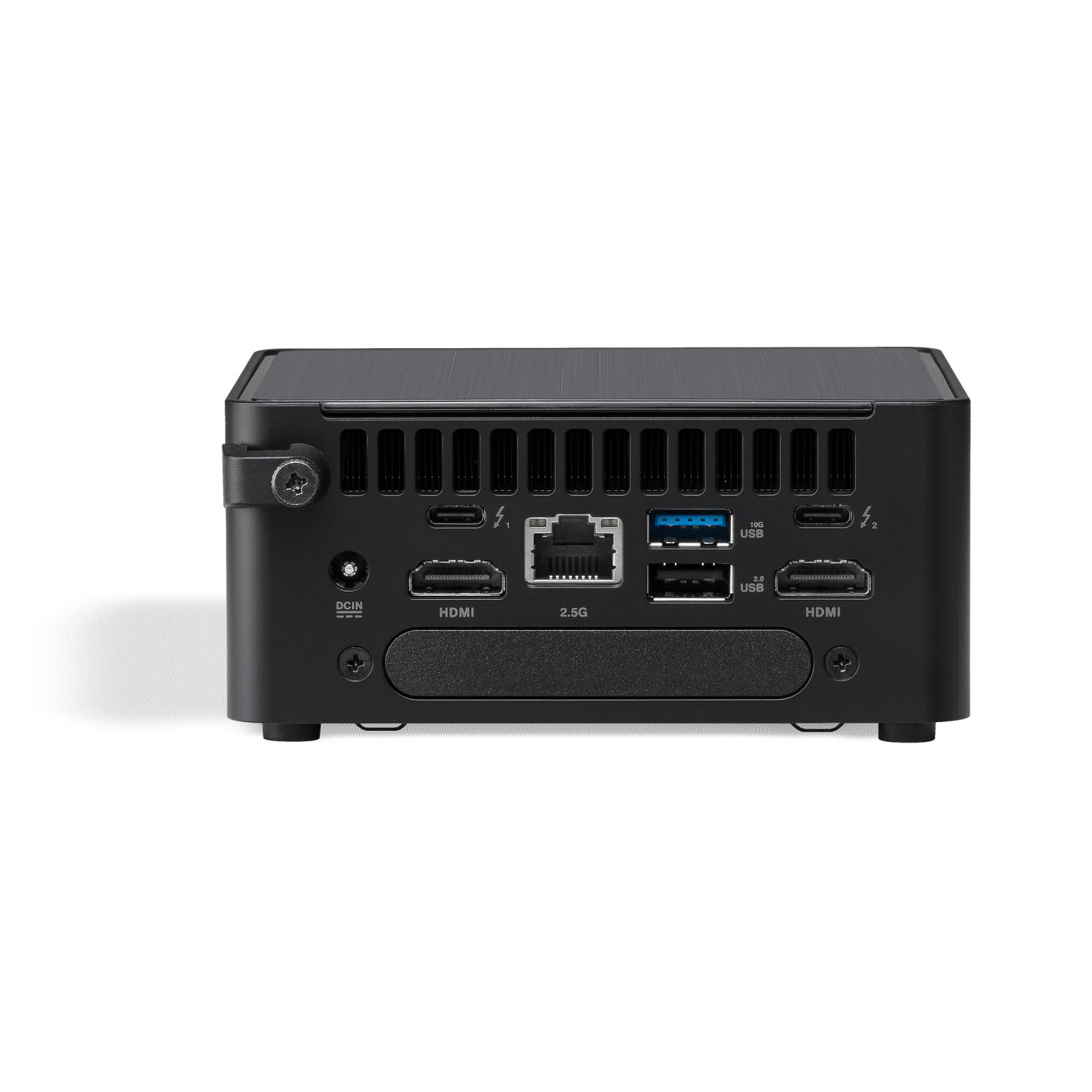 Czarny komputer, widoczne liczne porty. Zidentyfikowano HDMI, USB i Ethernet.