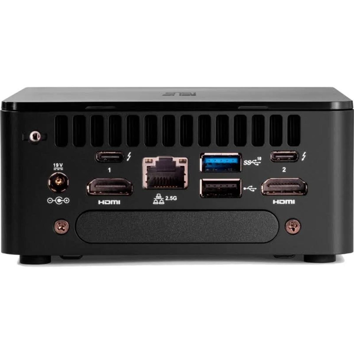 Un mini-PC negro con puertos. Incluye puertos HDMI, USB y Ethernet, así como una entrada de alimentación.