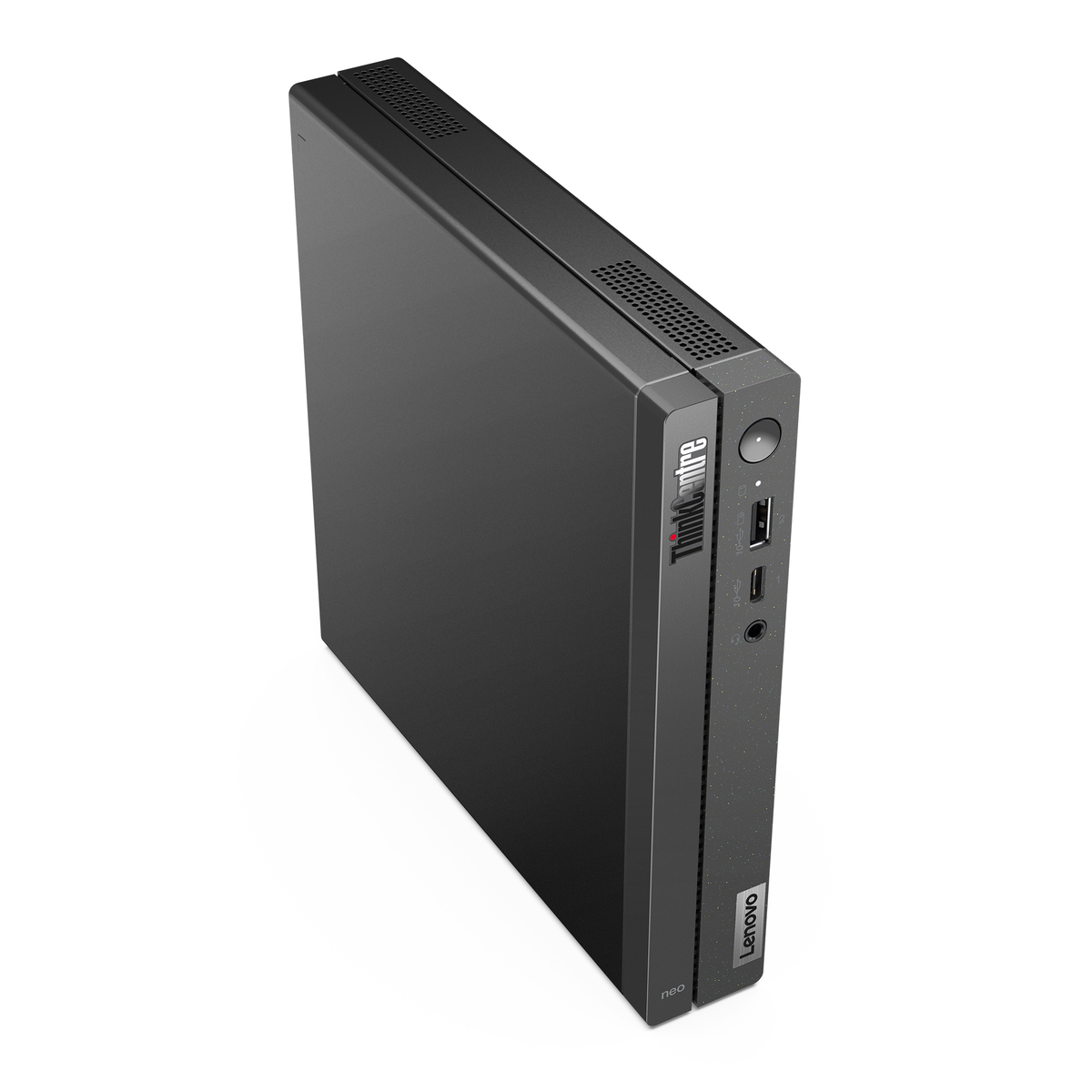 Czarny komputer stacjonarny Lenovo ThinkCentre Neo, widok z boku, z logo Lenovo.