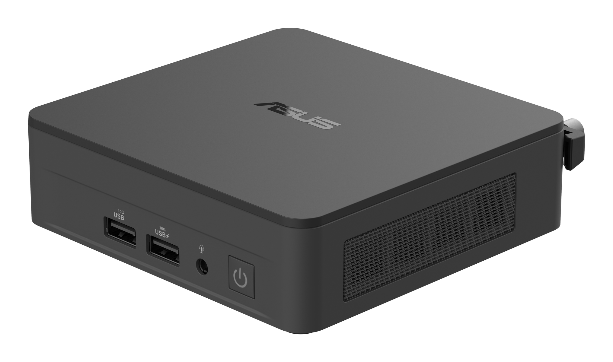 Beyaz bir yüzey üzerinde siyah bir ASUS mini PC. USB portları, bir güç düğmesi ve bir kulaklık jakı var.