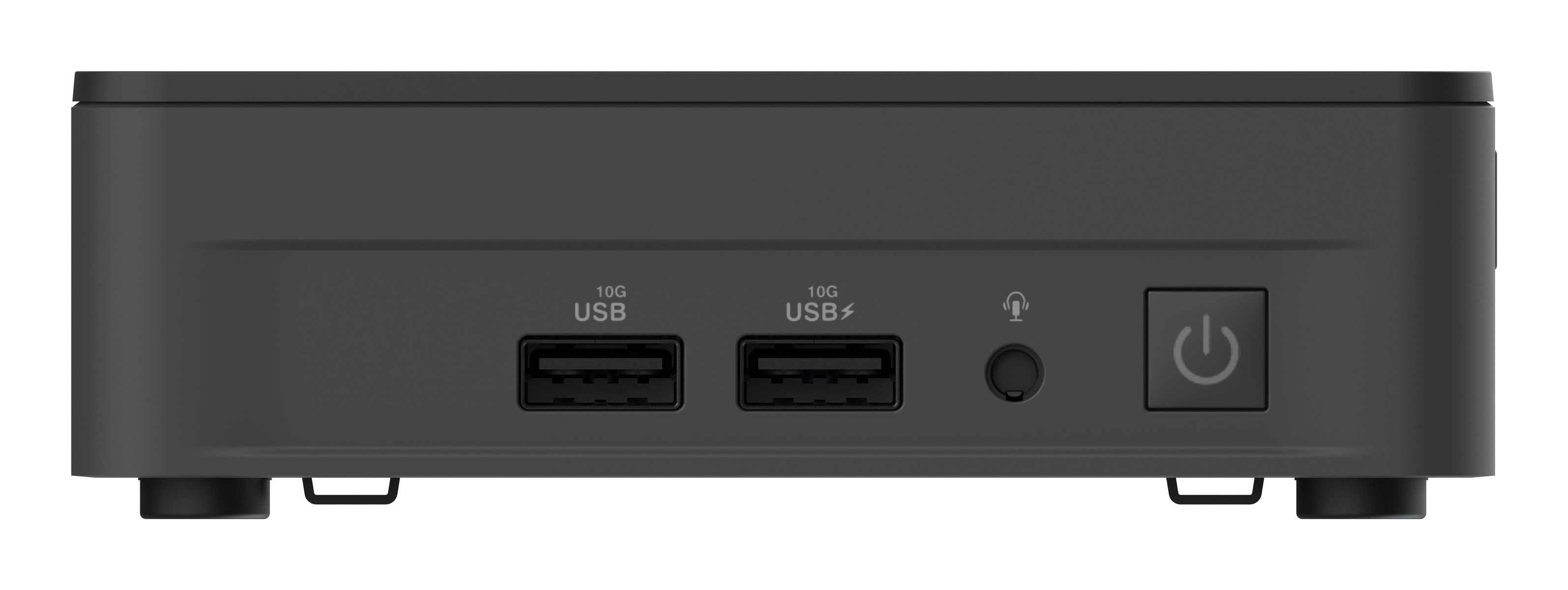 USB portları, ses jakı ve güç düğmesi olan siyah bilgisayar cihazı.