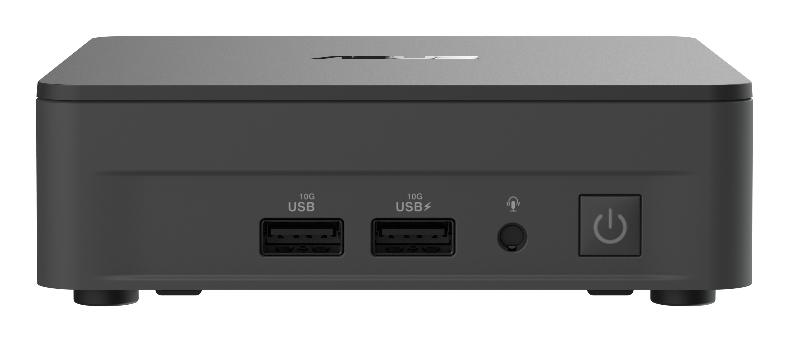 İki USB bağlantı noktası, bir kulaklık jakı ve bir güç düğmesi olan siyah bir masaüstü bilgisayar.
