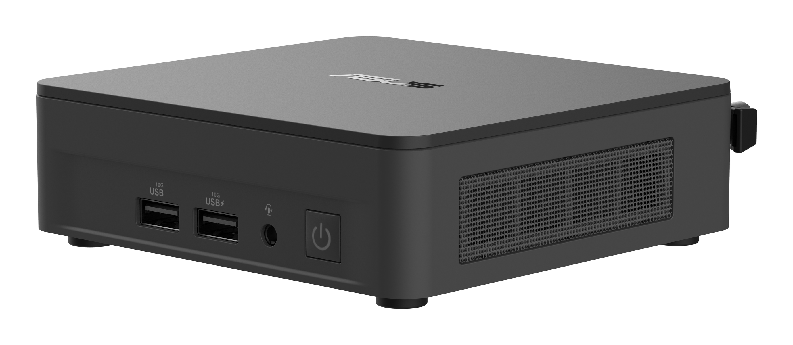 Siyah mini PC. Ön: USB portları, ses jakı, güç düğmesi. Yan: havalandırma.
