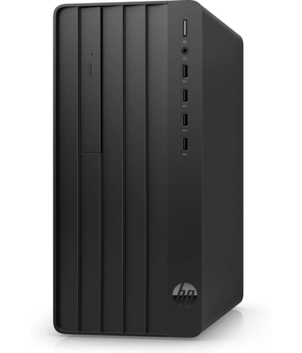 Computer desktop HP nero. Vista frontale con porte e pulsante di accensione. Design elegante e verticale.