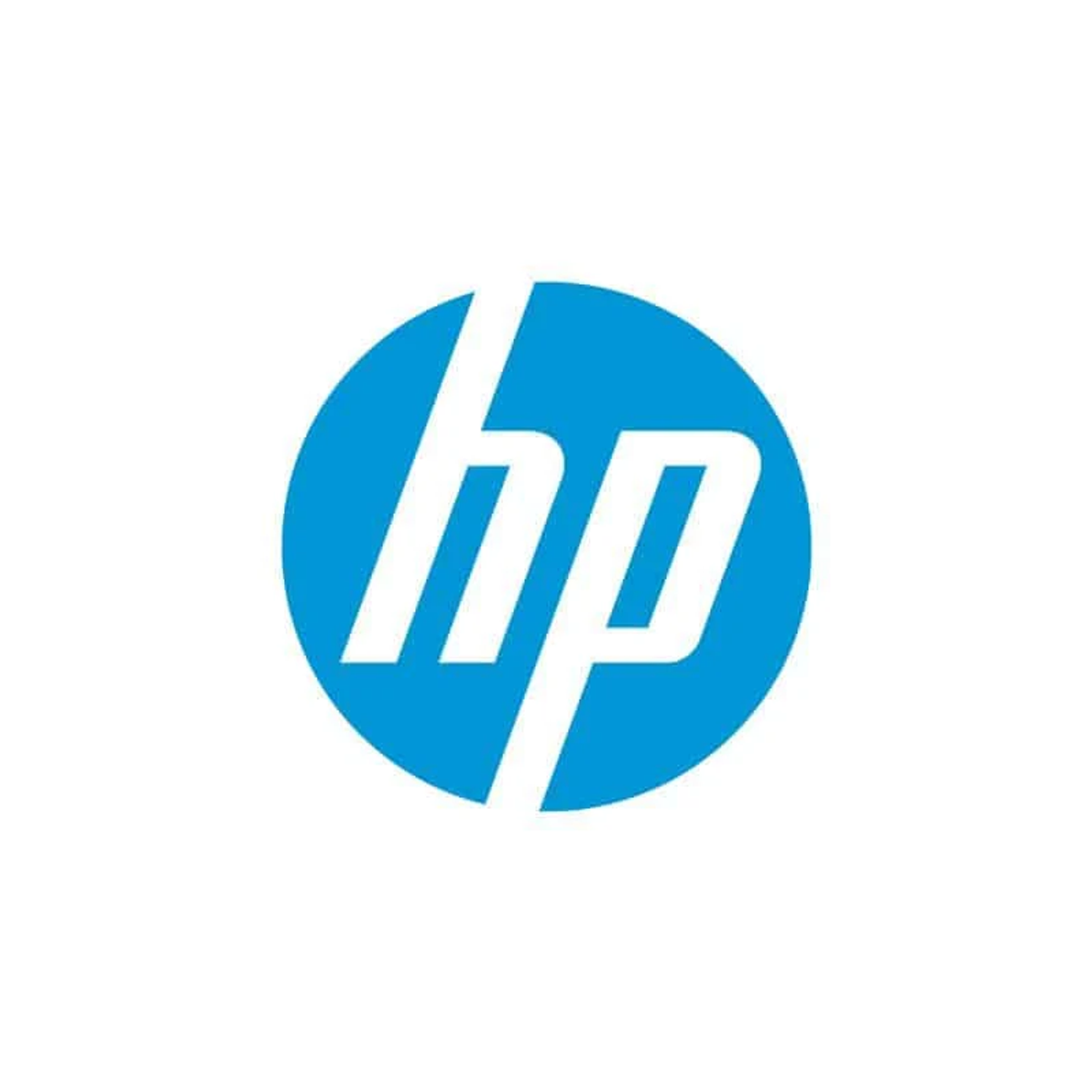 Logo HP: niebieskie koło z białymi literami "hp" w środku.