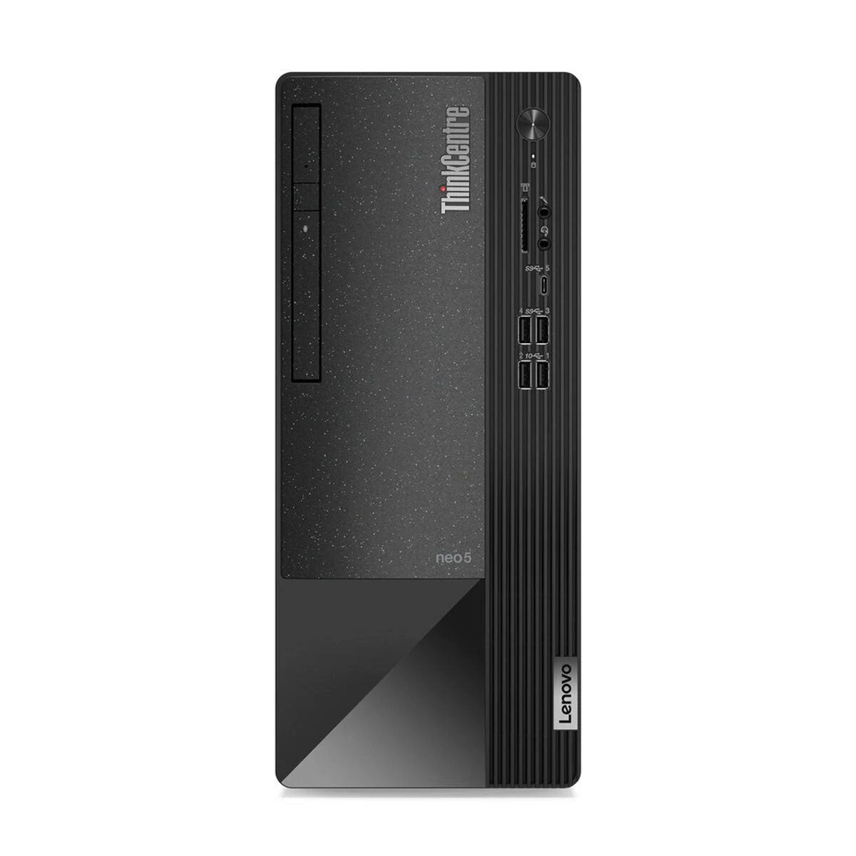 Czarny komputer stacjonarny Lenovo ThinkCentre neo5. Marka Lenovo i porty.