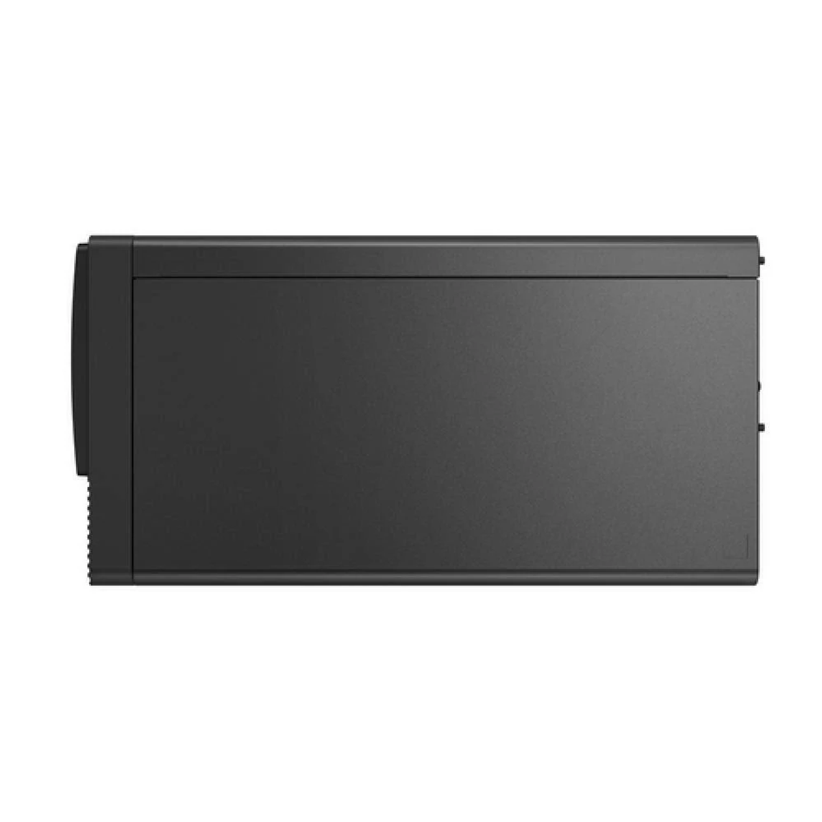 Czarny komputer stacjonarny. Widok z boku pokazuje gładki, prostokątny kształt.