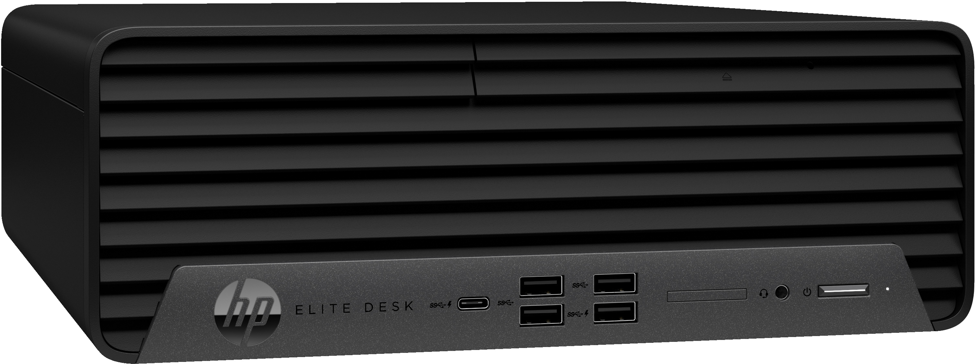 Ordenador de escritorio negro con puertos frontales y logo HP Elite Desk.