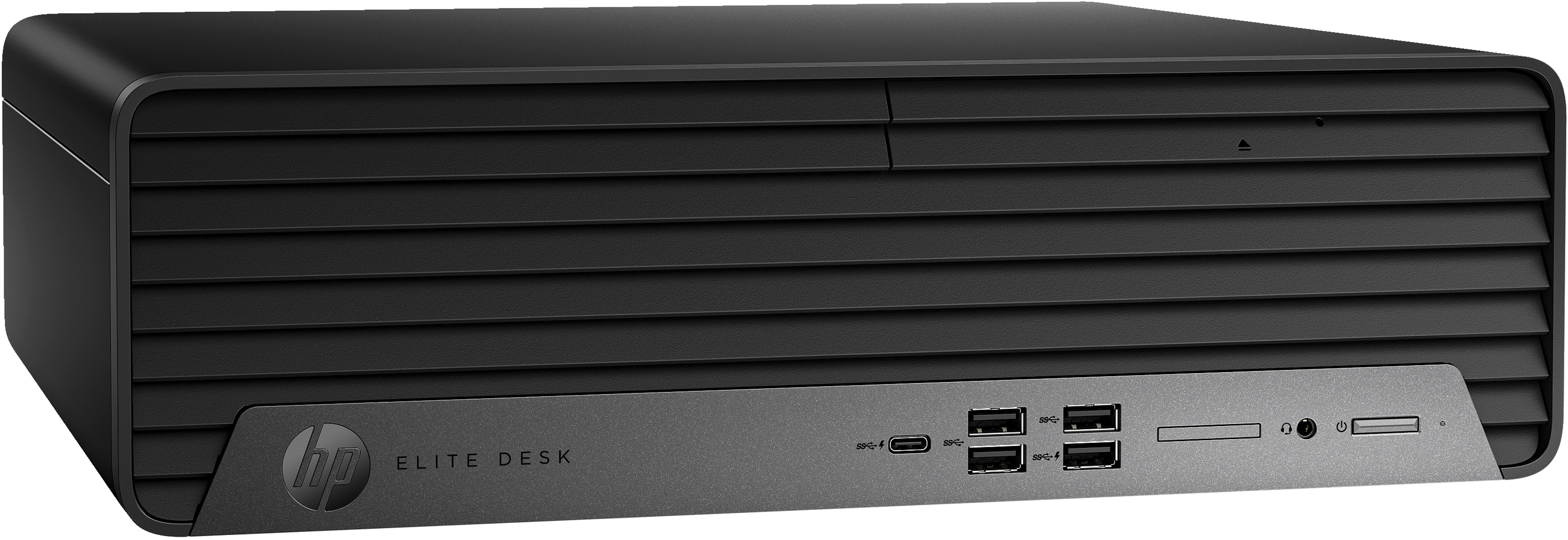 Computadora HP EliteDesk negra con panel frontal gris plateado con puertos y el logotipo de HP.