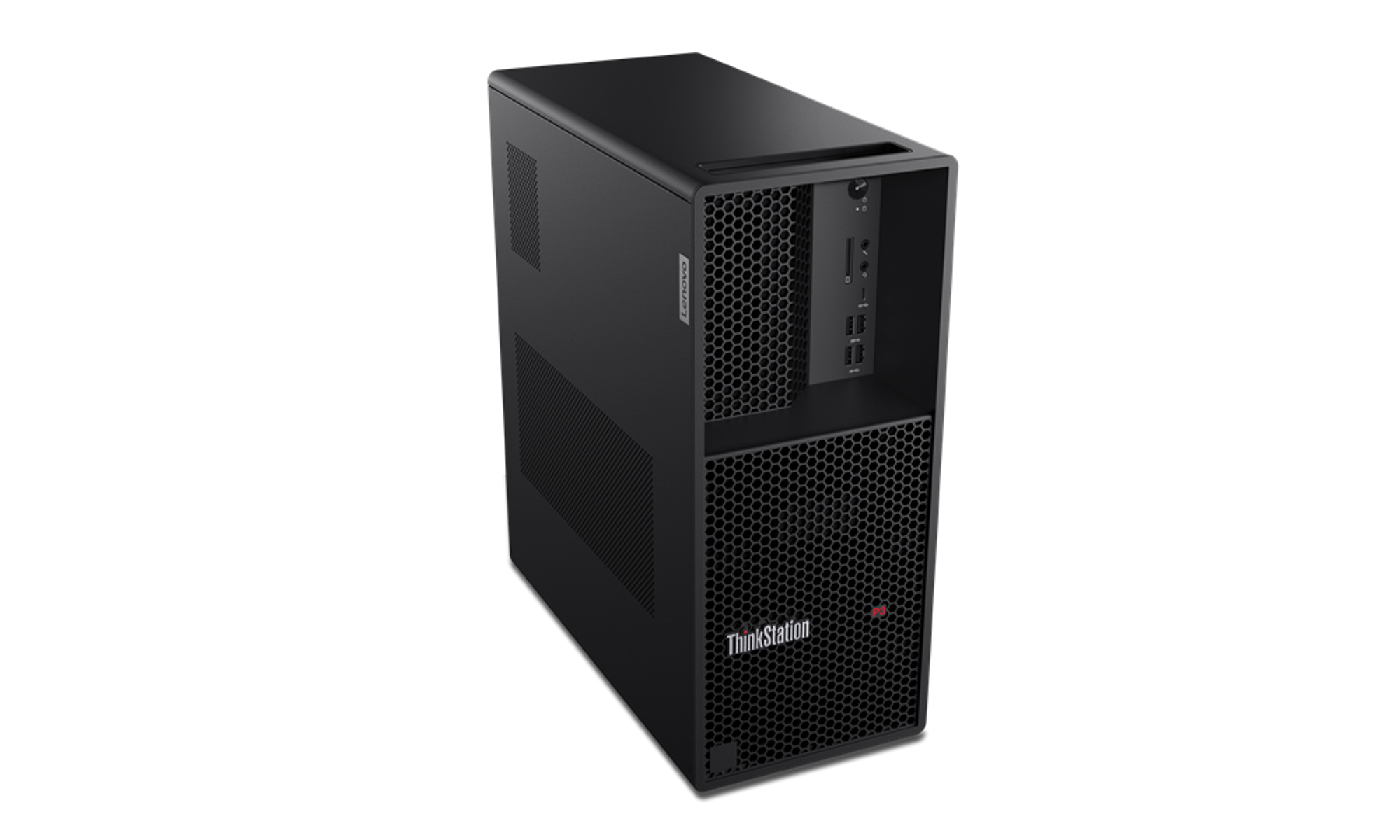 Ordenador de sobremesa Lenovo ThinkStation negro. Puertos frontales y botón de encendido visibles.