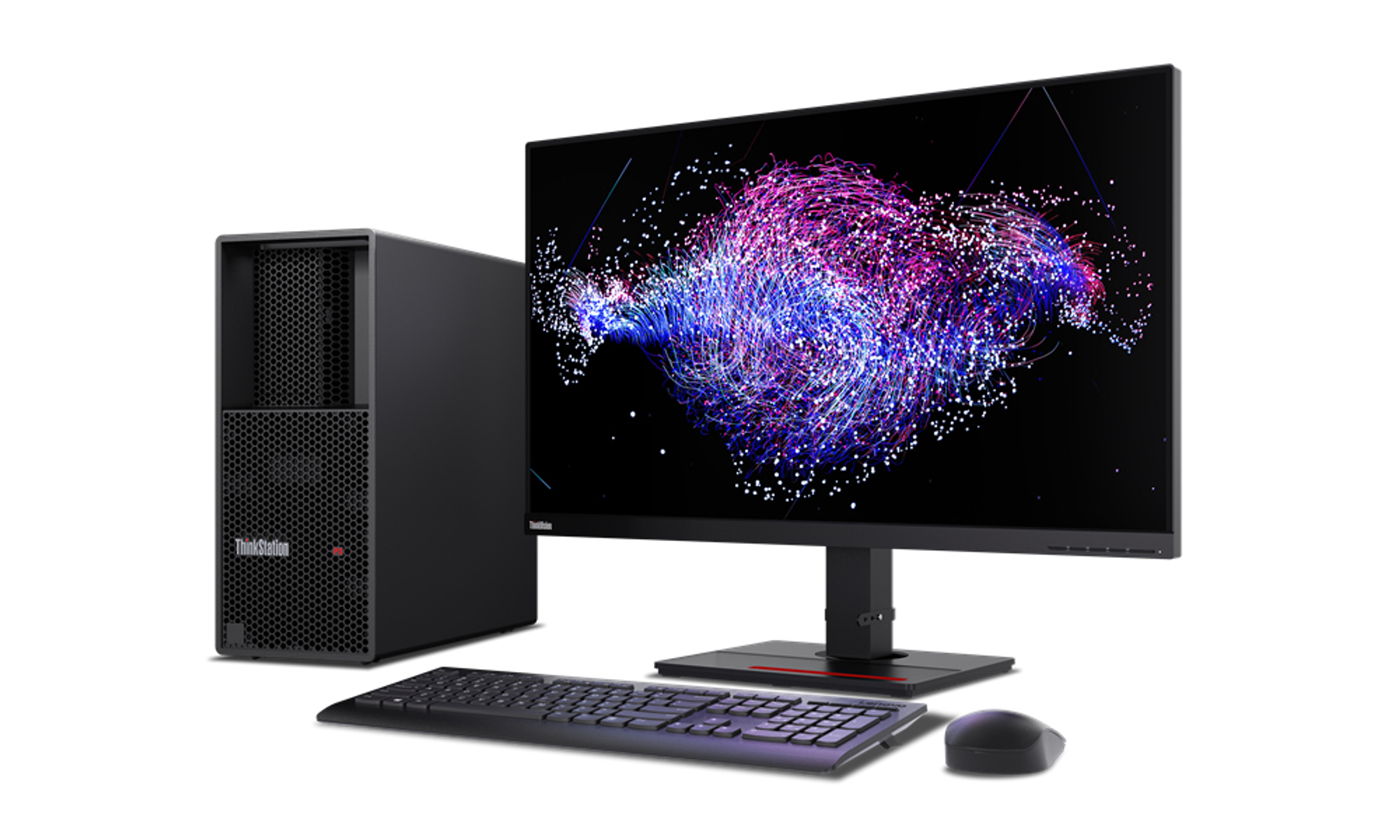 Configuración de computadora de escritorio con monitor, teclado, mouse. ThinkStation y monitor presentes.