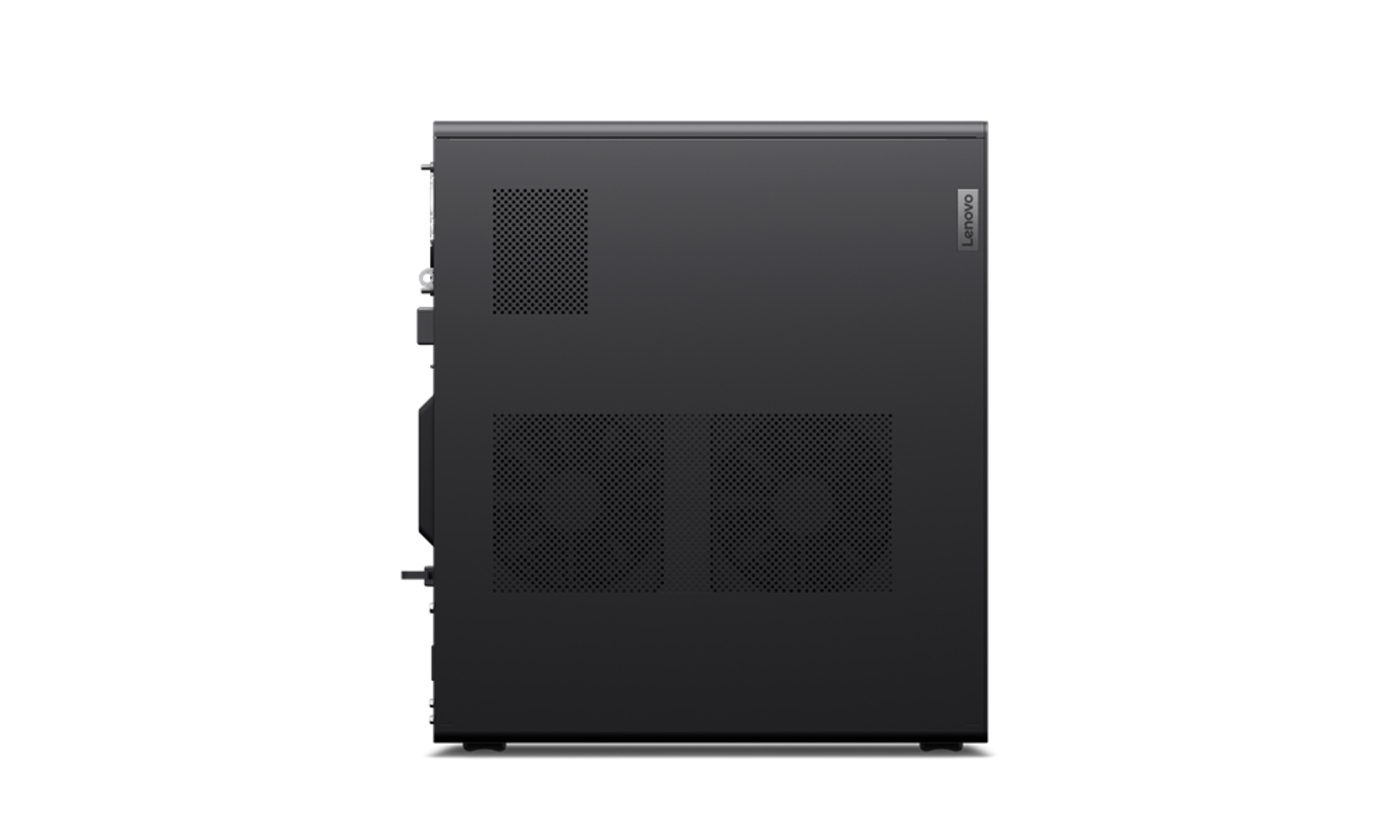 Ordenador de sobremesa Lenovo negro desde arriba. Forma rectangular con ventilación lateral.