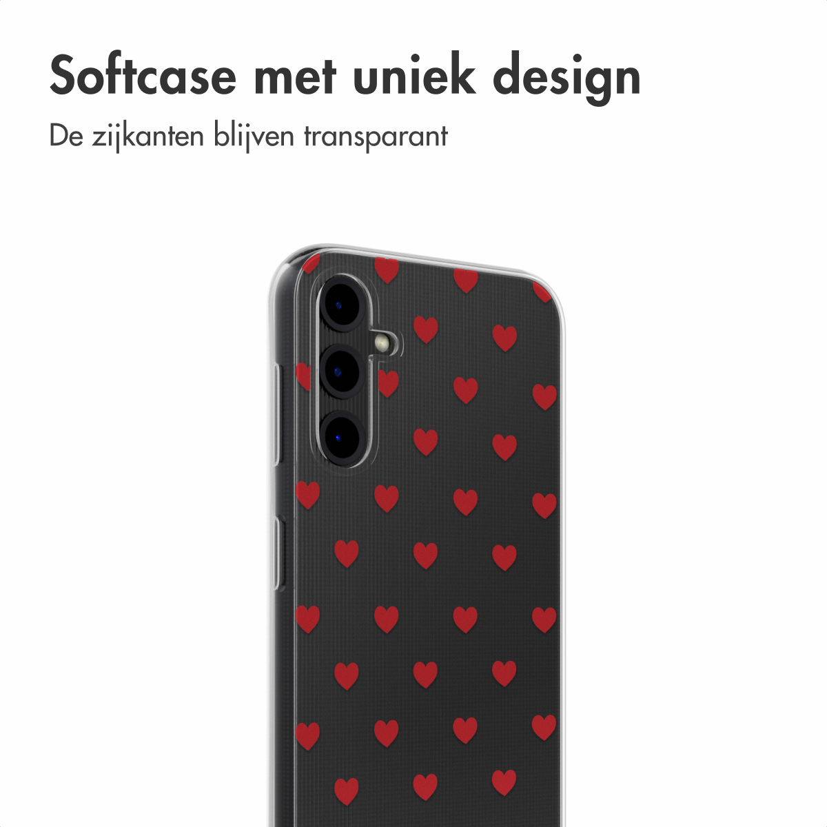 Telefoonhoesje met rode harten op een zwarte achtergrond.