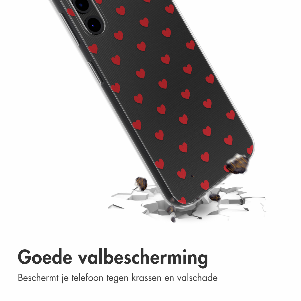 Een telefoonhoesje met rode harten op een zwarte achtergrond valt op een gebroken oppervlak. Tekst: 'Goede valbescherming'.
