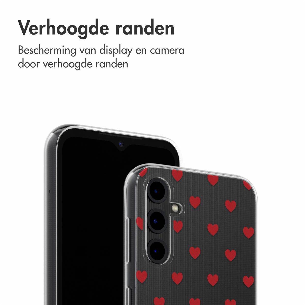 Smartphone in een hoesje met een rood hartpatroon. De hoes beschermt het scherm.