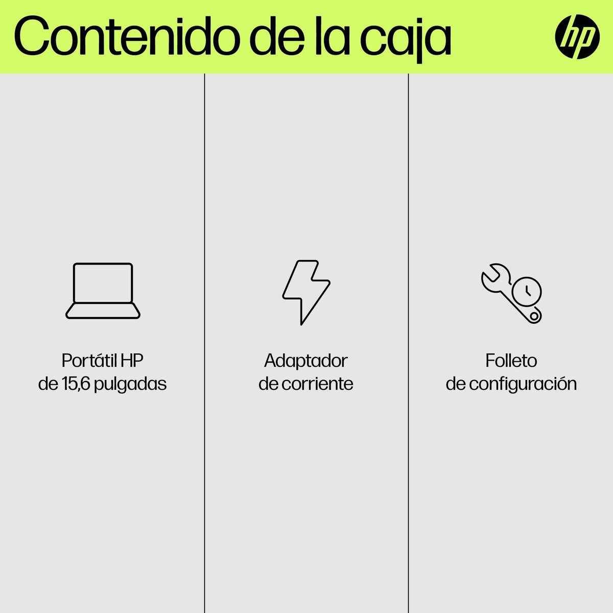Imagen muestra el contenido de una caja de portátil HP: portátil, adaptador de corriente y guía de configuración.