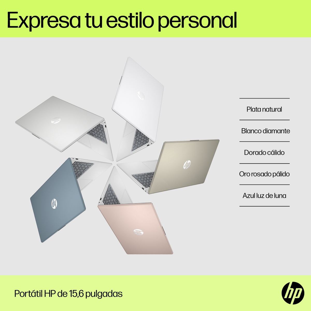 Portátiles de diferentes colores, dispuestos en círculo, con texto sobre fondo verde claro.