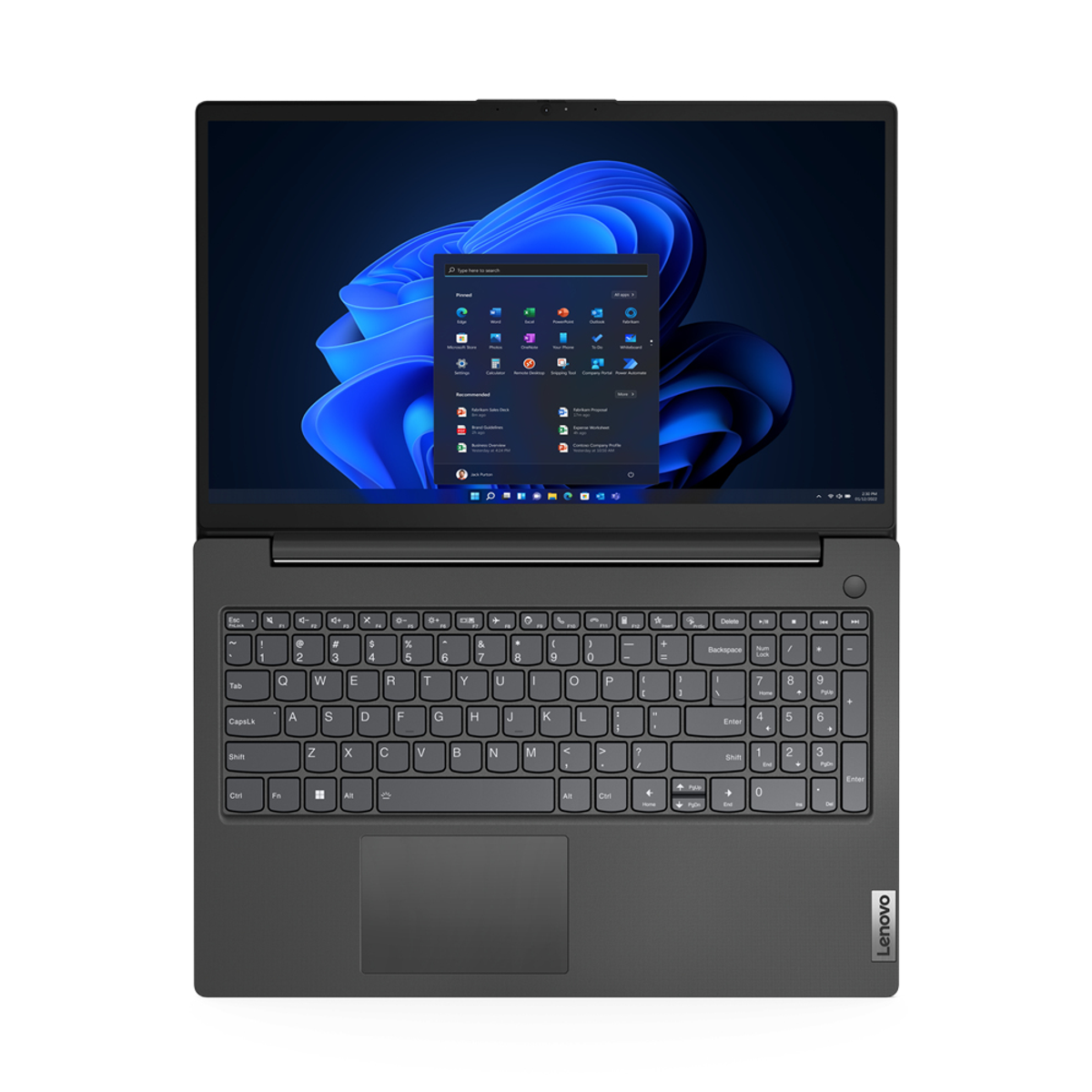 Szary laptop Lenovo jest otwarty na białej powierzchni. Ekran wyświetla ekran startowy systemu Windows 11. Klawiatura i touchpad są widoczne.