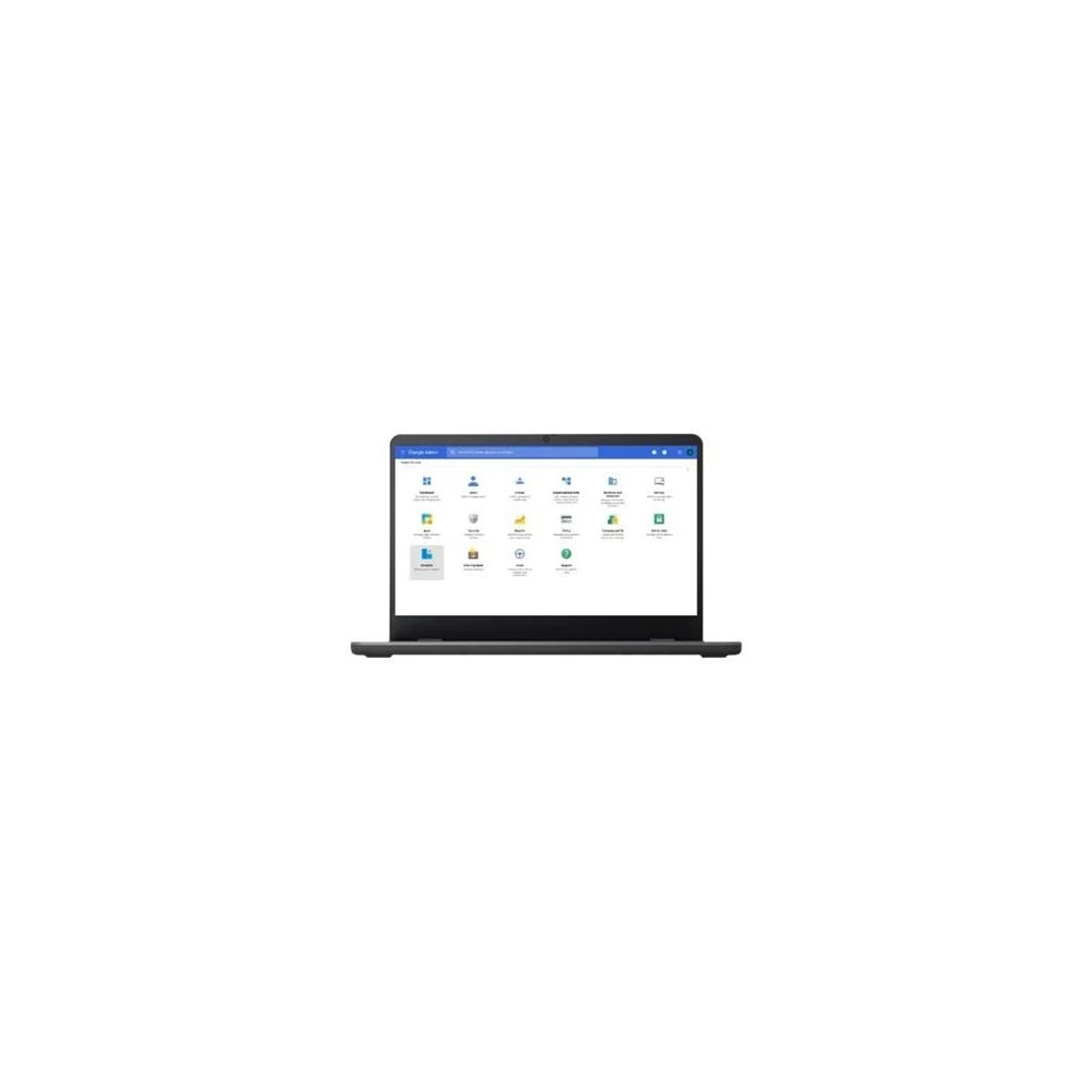 Laptop z interfejsem Google Ads. Ikony są widoczne na ekranie. Laptop jest czarny, na białym tle.