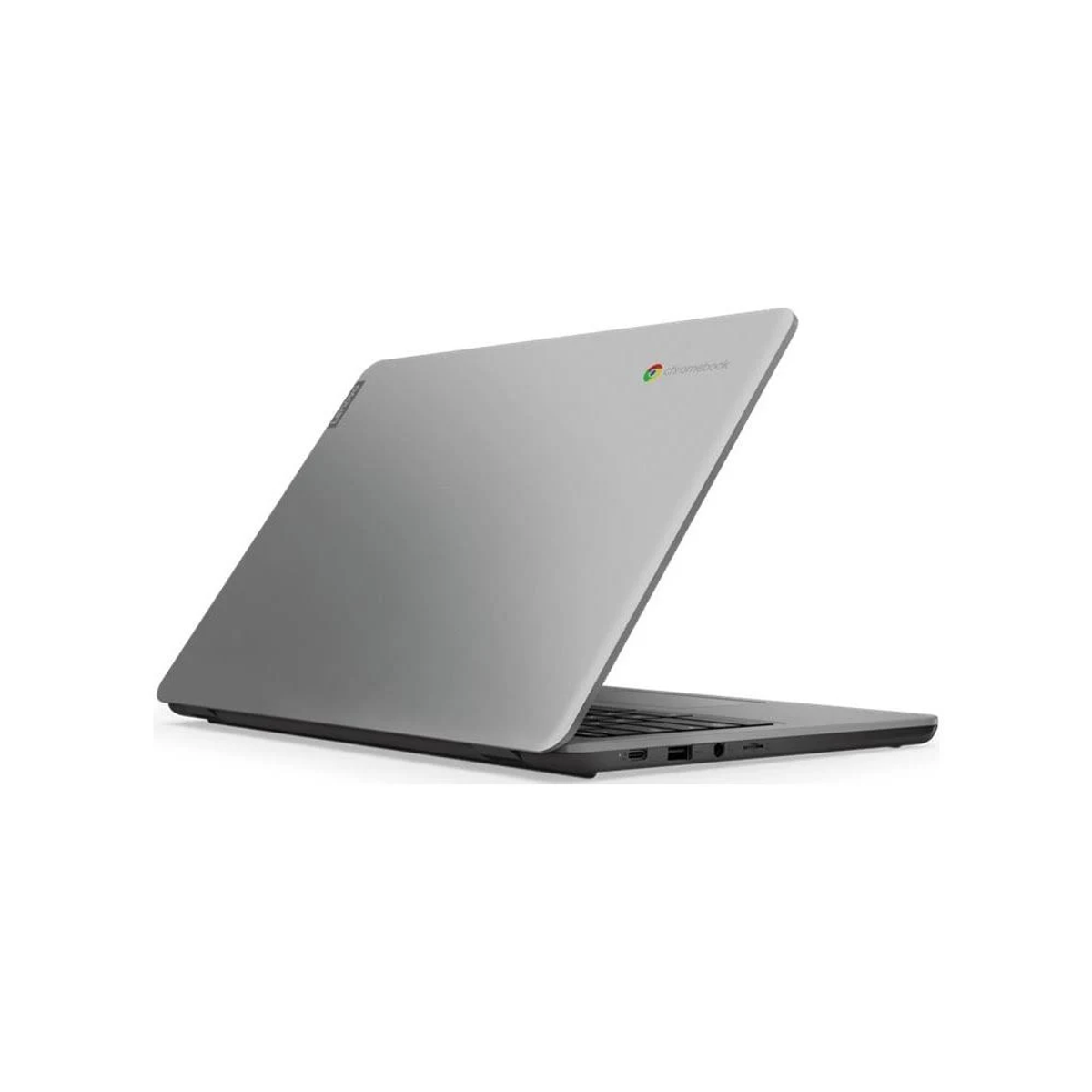 Srebrny laptop na białym tle. Ekran jest otwarty, pokazując logo 'chromebook'. Podstawa laptopa jest czarna.