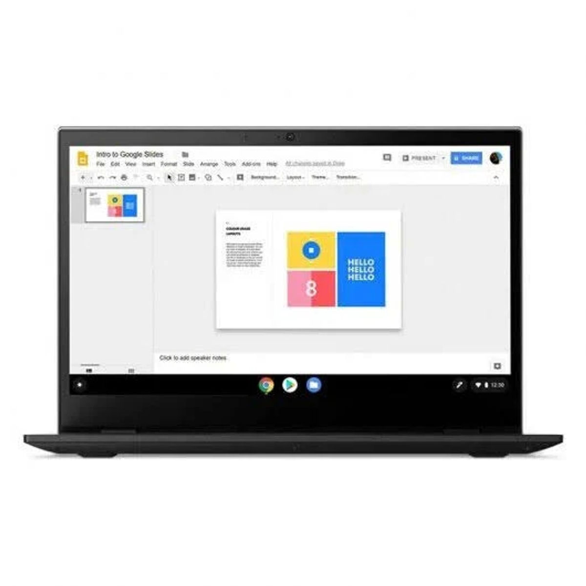 Laptop wyświetlający prezentację Google Slides. Ekran pokazuje tekst i kolorowe kształty.