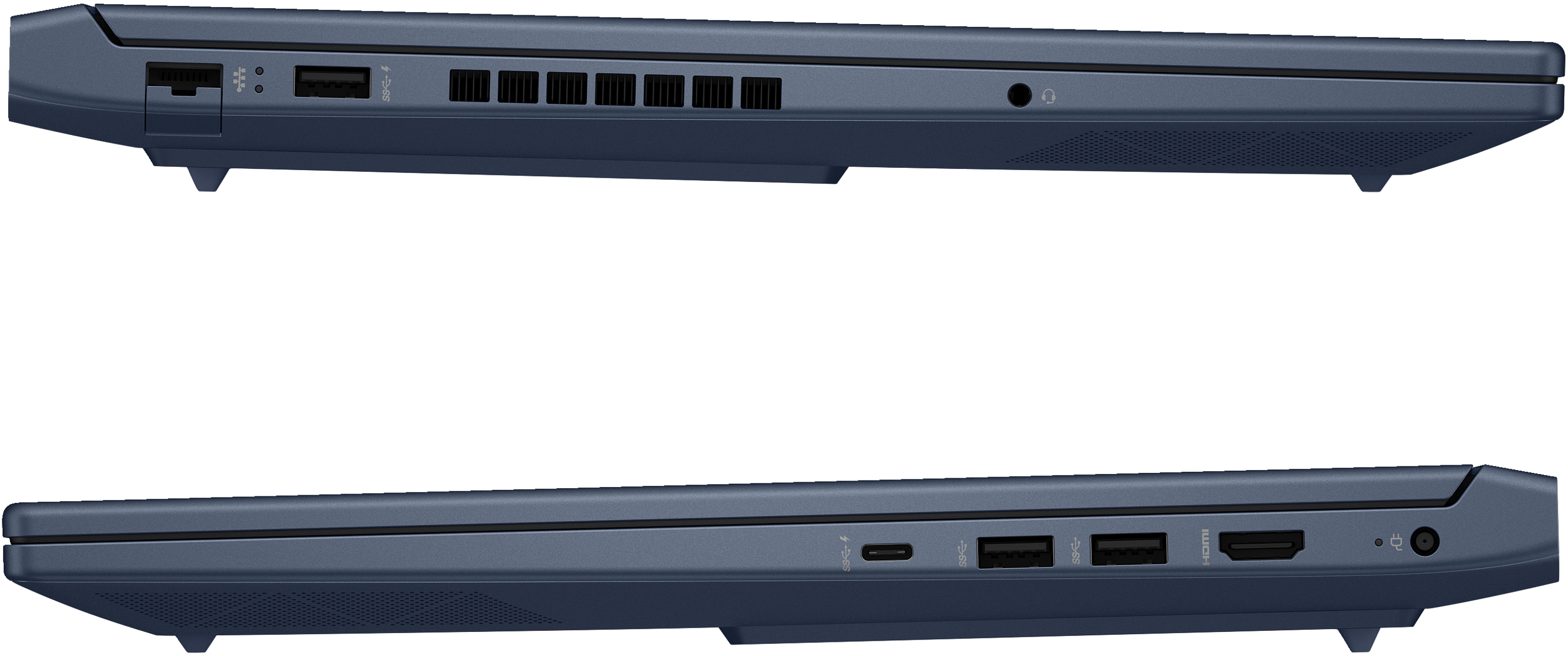 Dwa boki ciemnoniebieskiego laptopa pokazujące porty i otwory wentylacyjne.