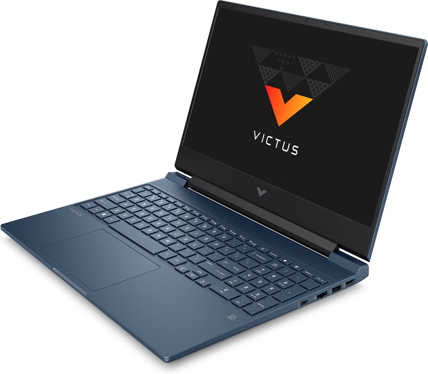 Laptop azul abierto. Pantalla muestra logo. Teclado y panel táctil visibles. Aislado sobre fondo blanco.