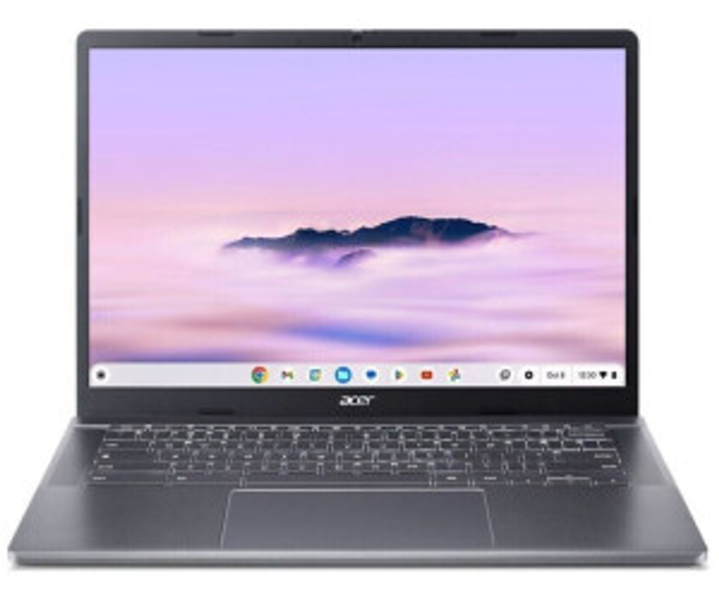 Acer Chromebook abierto, mostrando un paisaje con un cielo nublado. El portátil es gris.