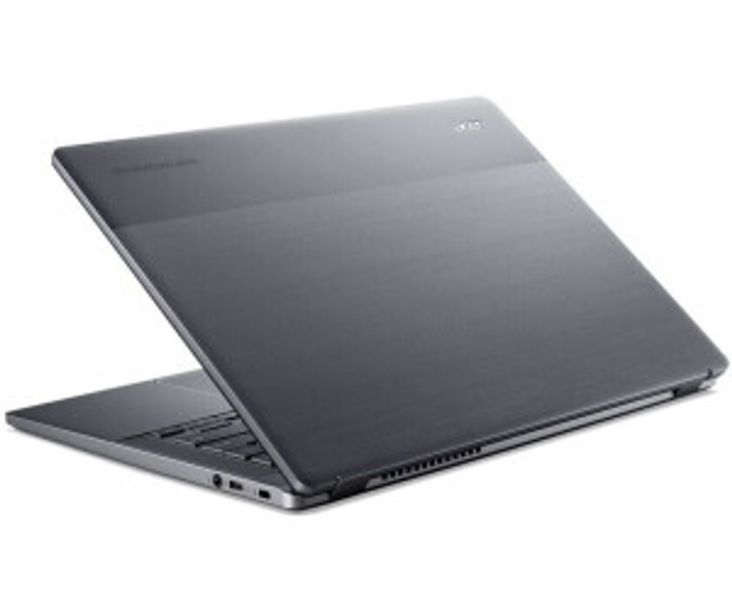 Laptop gris, abierto en ángulo. El logo de Acer es visible en la parte trasera.