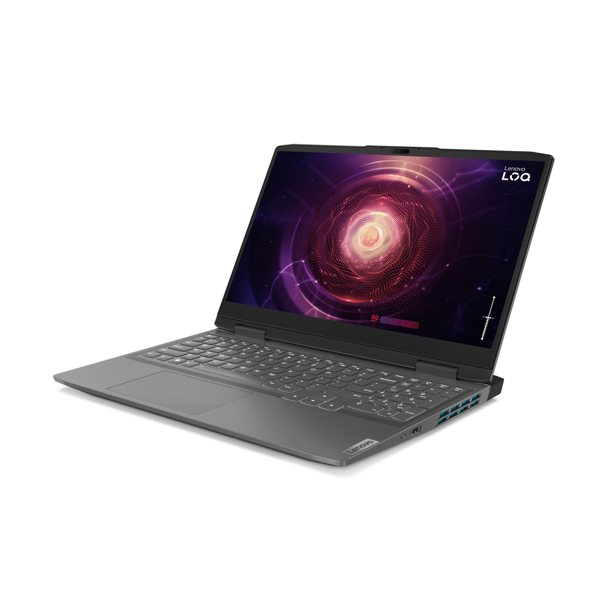Szary laptop Lenovo, otwarty. Ekran pokazuje interfejs technologiczny. Klawiatura jest widoczna. Laptop jest pod kątem.