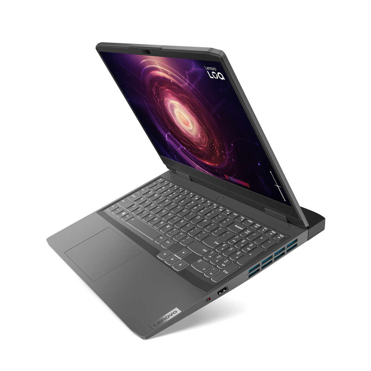 Szary laptop Lenovo, otwarty, pod kątem. Pokazuje interfejs technologiczny. Klawiatura jest widoczna. Wyświetlacz jest jasny.