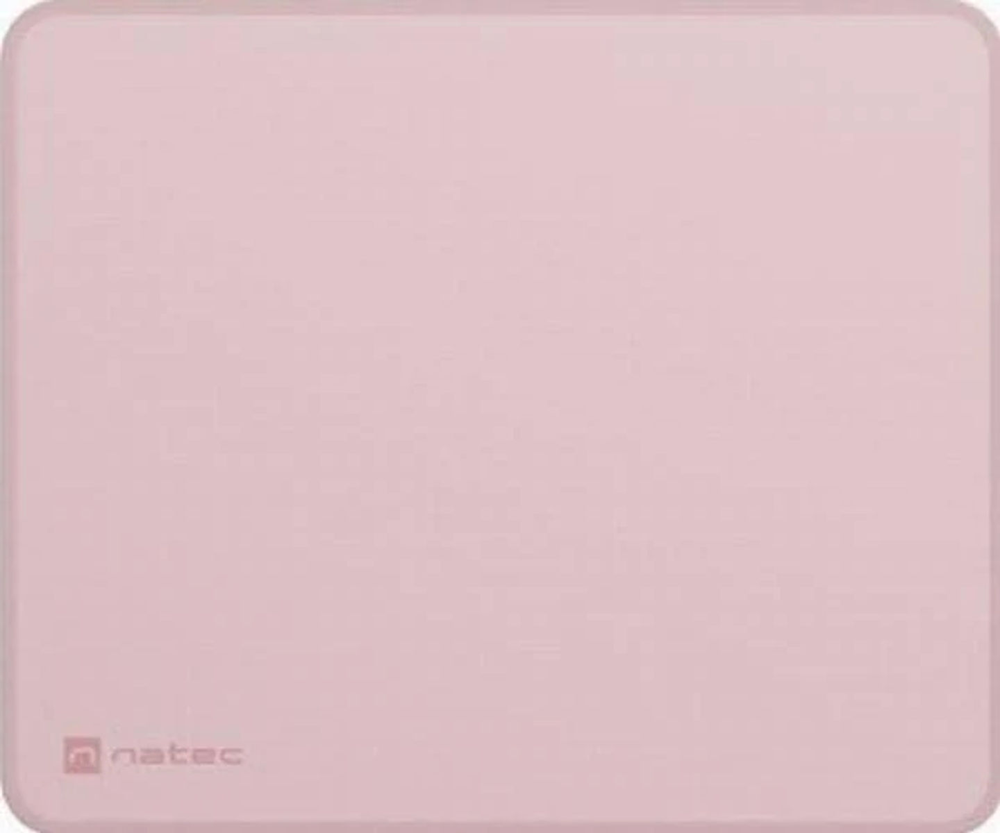 Różowa podkładka pod mysz o zaokrąglonym kwadratowym kształcie i małym logo natec.