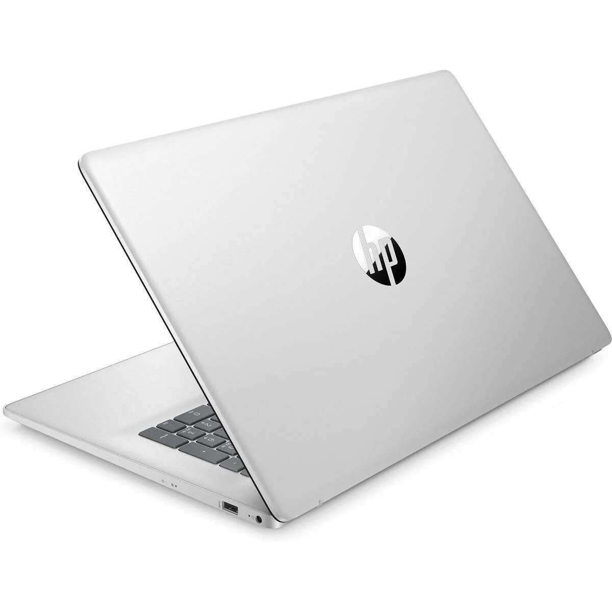 Srebrny laptop HP, widok z tyłu, widoczne logo. Białe tło.