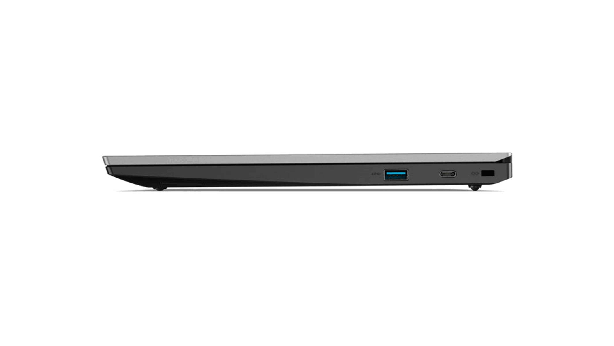 Vista laterale di un laptop grigio sottile, che mostra le porte. Lo schermo è chiuso.
