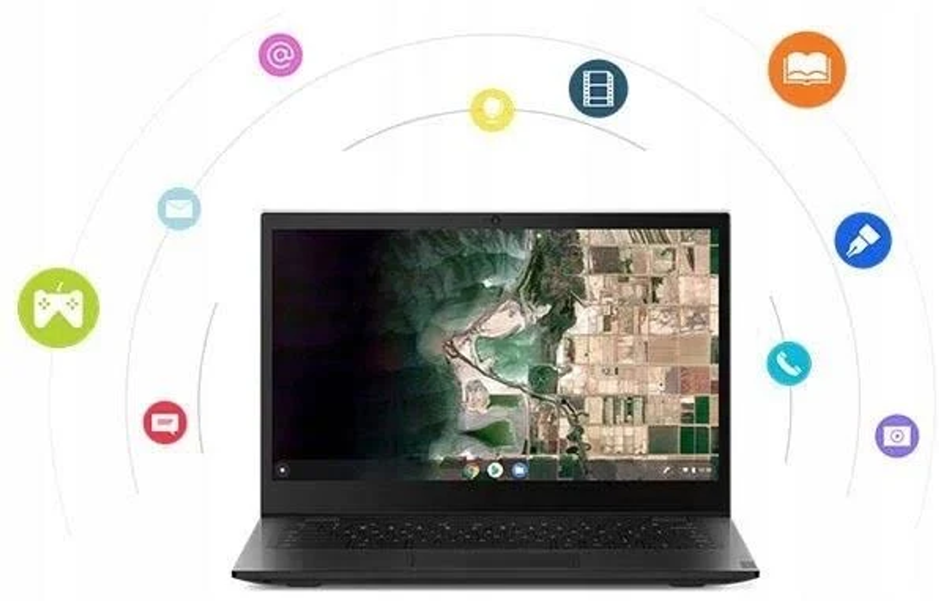 Laptop nero con display di icone di app. Icone e grafiche circostanti visibili.