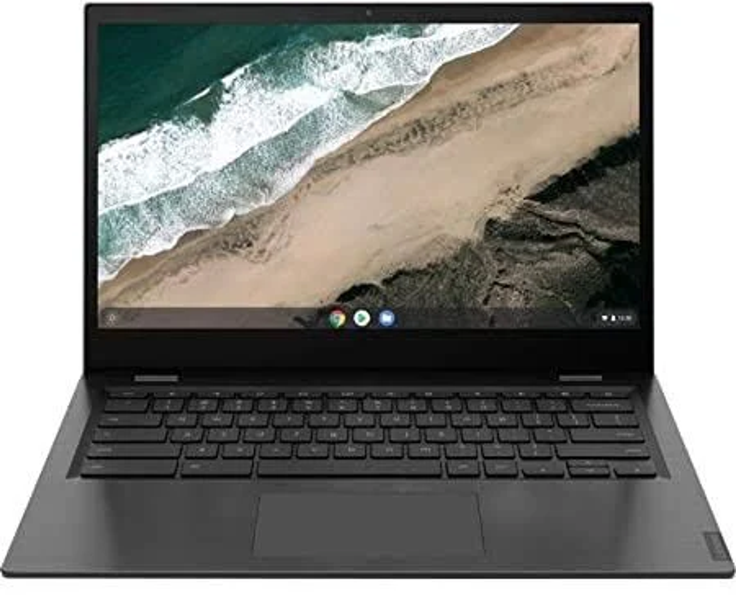 Laptop nero con scena di spiaggia sullo schermo. Tastiera visibile. Logo Lenovo in basso.