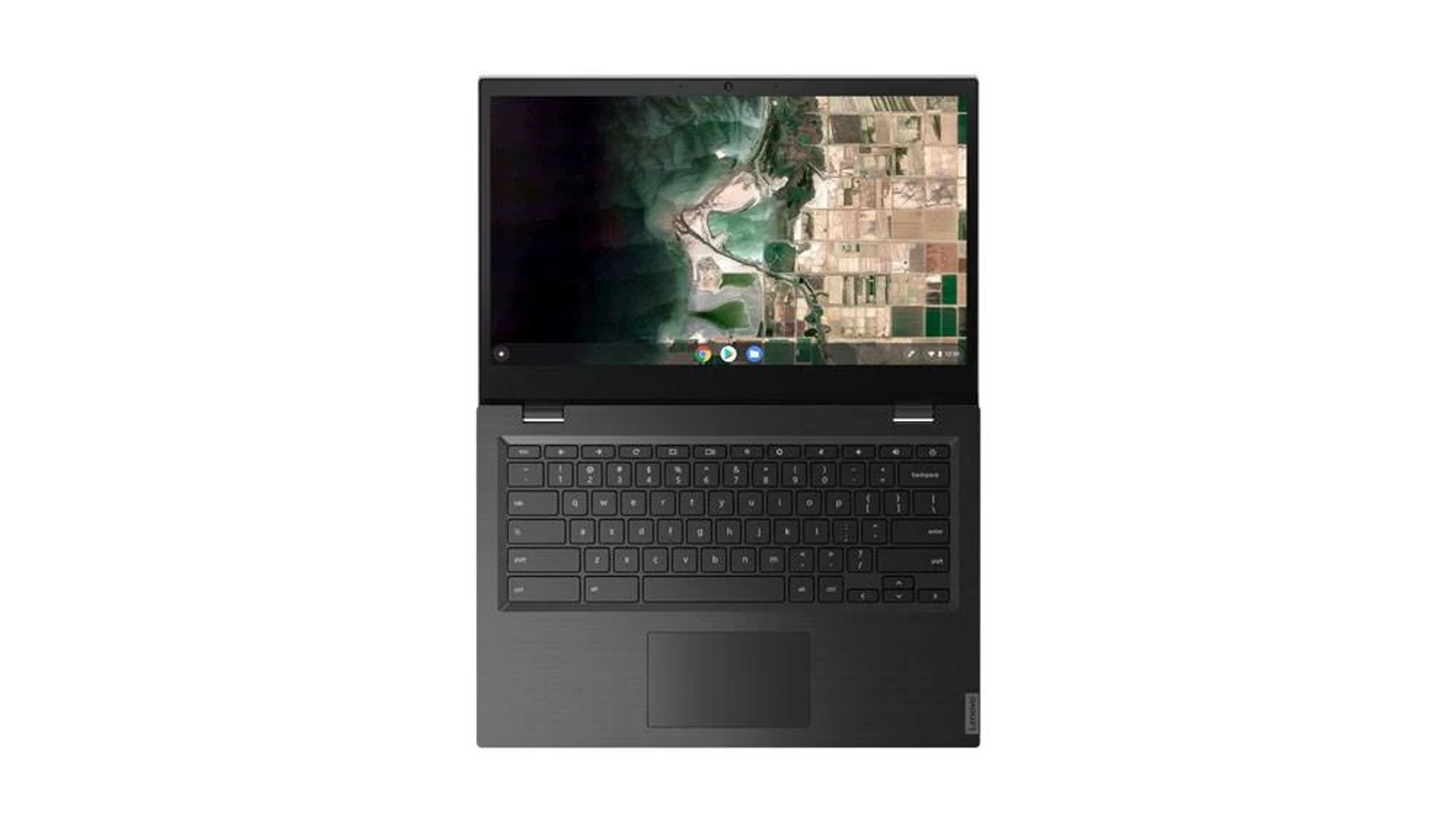 Laptop Lenovo Chromebook nero, aperto, vista dall'alto, che mostra schermo e tastiera.